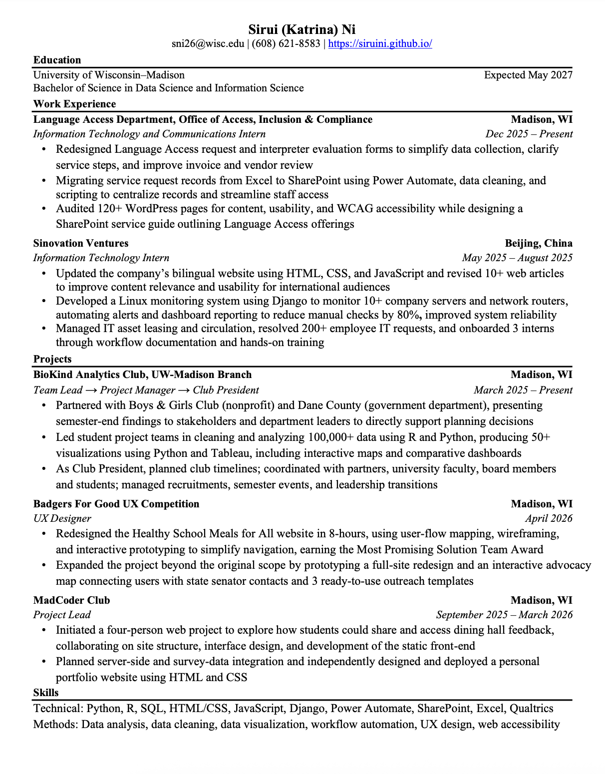 Screenshot preview of Katrina Ni's resume